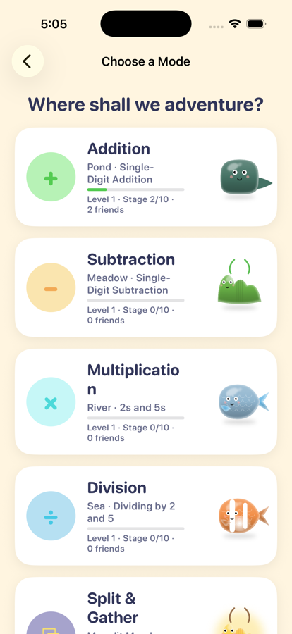 Mode select screen showing themed worlds for addition, subtraction, multiplication, and division